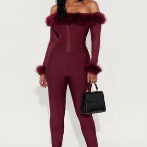 Myla Faux Fur Trim Bandage Jumpsuit - Burgundy - XS